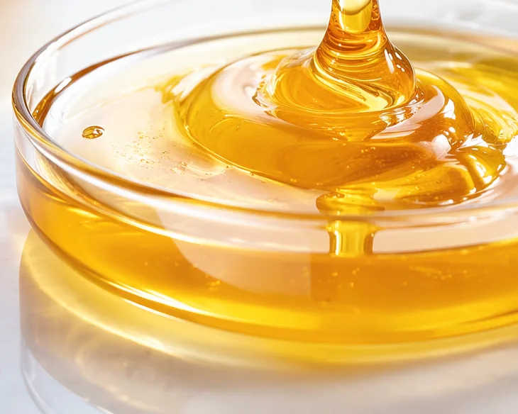 Clear golden syrup pouring into a glass dish, the kind of starch-derived syrup whose sugar profile maltase adjusts